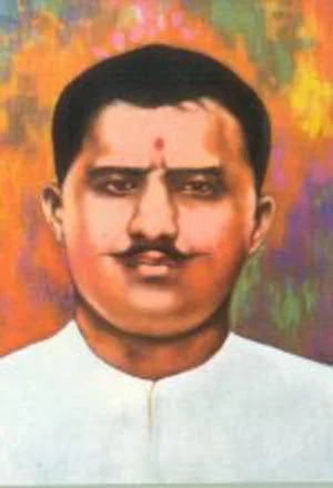 Painted colour portrait of Ram Prasad Bismil in a white kurta against an abstract multicoloured background, a later artistic interpretation rather than a photograph.